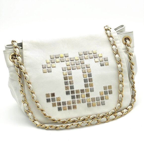 Authentic CHANEL CC Metal Mosaic Studs East West Calfskin Maxi Flap Shoulder Bag